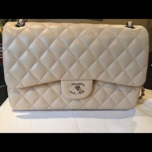 Beige Chanel lamb skin leather double flap bag